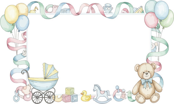 A charming watercolor border for a baby announcement featuring a teddy bear, pram, balloons, and pastel toys. - Powered by Adobe