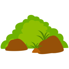 Flat vector green bush with brown rocks, ideal for garden, forest, or nature landscape illustrations.