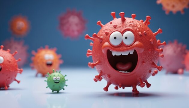 Playful 3D cartoon virus characters, red, green microbes with funny faces, scattered on blue background. Microscopic illustration of germs causing infection, disease, pandemic. Engaging visuals for - Powered by Adobe