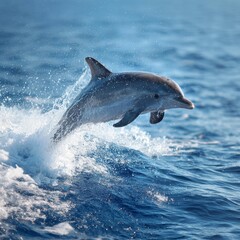 A dolphin gracefully leaps out of the ocean, creating a splash in the open sea
