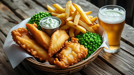 Fish and chips. Cod fish in batter with french fries and mashed green peas on white plate,