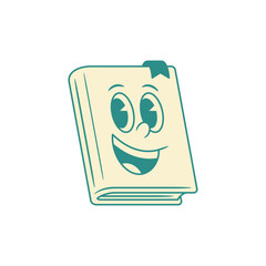 Cute cheerful childish book cartoon character retro mascot vector illustration. Comic adorable green minimalist textbook literature library reading education positive funky emoticon