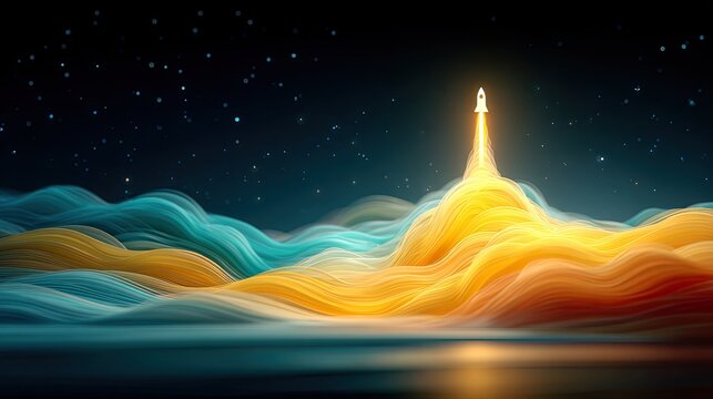 Abstract rocket silhouette powered by flowing energy lines, symbolizing creative force of startup teams