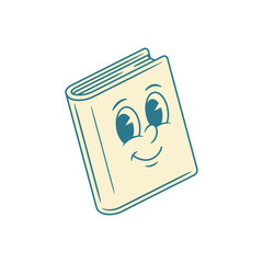 Positive smiling book cartoon character retro vector illustration. Cute funny cheerful minimalist textbook literature library reading education mascot comic emoticon