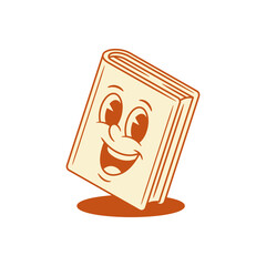 Funky cheerful smile book cartoon character retro vector illustration. Cute adorable minimalist literature library reading education mascot knowledge cognition positive emotion smiley