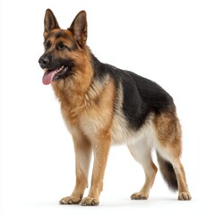 A majestic German Shepherd stands proudly with its tongue out, a picture of canine confidence. The dog exhibits the classic black and tan markings of its breed.