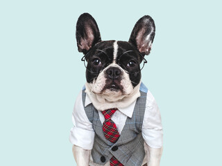 Fototapeta premium Cute puppy, glasses, vest and red tie. Studio shot