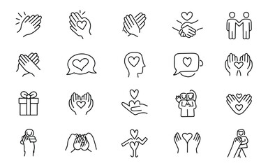 Fototapeta premium Line Art Icons Set Hands, Hearts, Love, Charity, and Connection Symbols