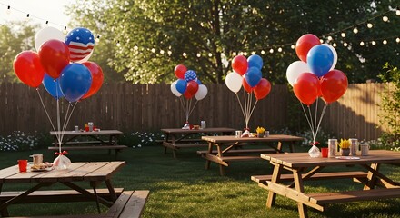 Outdoor Picnic Party with Red Blue White Balloons