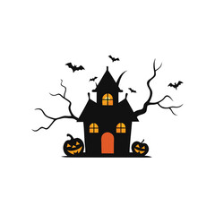 Spooky Halloween Haunted House with Bats and Pumpkins Silhouette Illustration on a Clean White Background for Creative Projects
