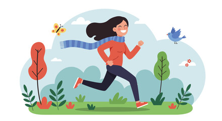 Vector illustration, woman jogging outdoors, smiling, scarf flowing, butterfly and bird around, bright cartoon flat style, cheerful healthy lifestyle.