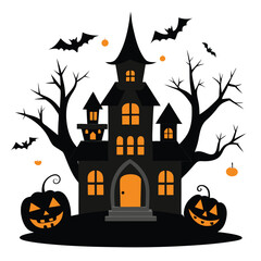 Spooky Halloween haunted house illustration with pumpkins bats and bare trees on a white background for festive celebrations