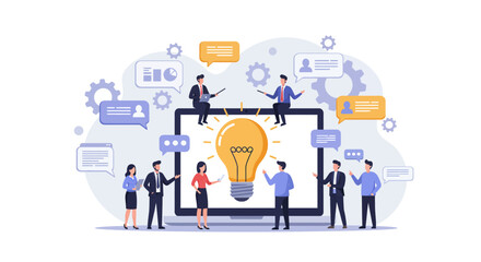 Business teamwork and brainstorming illustration. A large laptop with a glowing light bulb on the screen represents innovation and new ideas. Around the laptop are diverse professionals in business at
