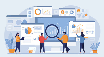 Business data analysis illustration. Team of professionals analyzing charts and graphs on large computer windows. A woman with a laptop, a man holding a giant magnifying glass examining a pie chart an