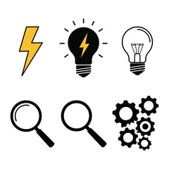 Creative Problem Solving Icons Featuring Lightbulbs Gears and Magnifying Glasses silhouette