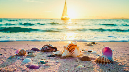 Pink Sand Serenity Seashells at Sunset, A tranquil beach scene featuring a collection of seashells scattered across soft, pink sand. Gentle turquoise waves lap at the shore.