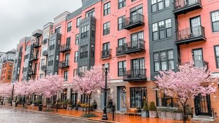 Obraz premium Pink Building Facade With Blossoms