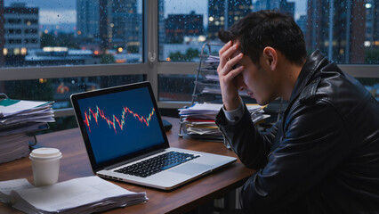 Overwhelmed by Financial Pressure, A man in a leather jacket sits slumped at a desk piled high with paperwork, his head in his hands, visibly stressed and defeated.