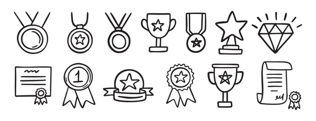 medal honor award related doodle hand drawn icon set. Outline drawing winner line clipart symbol collection