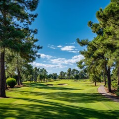 Fototapeta premium A scenic golf course surrounded by lush greenery, perfect weather. The course has well-maintained fairways, surrounded by trees, with a pathway