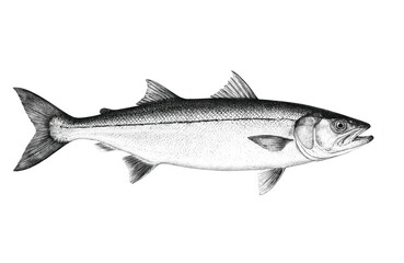 Fototapeta premium Detailed black, white mackerel fish illustration featuring intricate line work, realistic texture in scratchboard style. Isolated on white, artwork perfect for vintage fishing designs, t-shirt