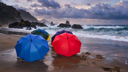 Color Umbrellas on a Stormy Beach, A striking photograph capturing a collection of brightly colored umbrellas standing on a wet, sandy beach under a turbulent ocean and a dramatic.