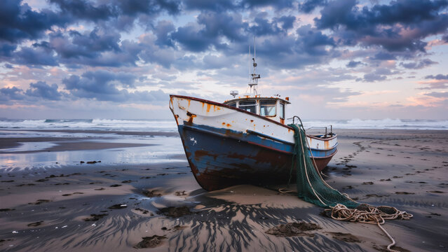 Weathered Fishing Boat on Abandoned Beach, A solitary, aged fishing boat sits stranded on a wide, flat beach at sunrise or sunset. The boat displays significant wear and tear - chipped paint, rust.