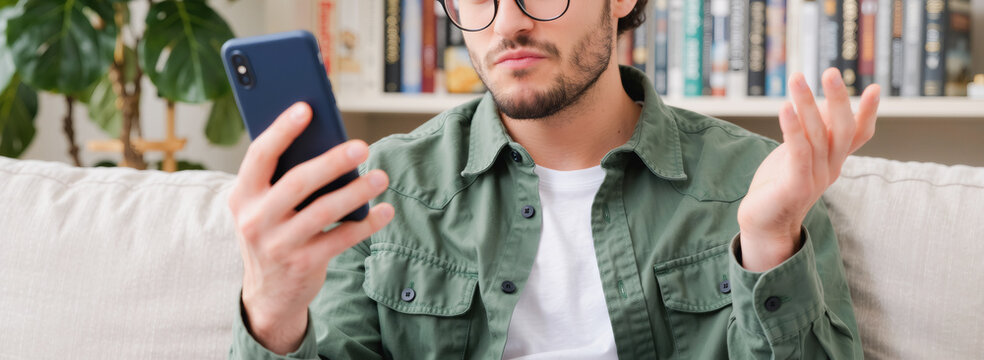Actually, the man is staring at the smartphone in his right hand while raising his left hand, palm up, with a slightly frustrated expression.