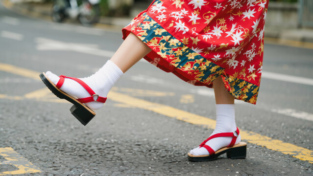 Low-angle shot of a woman&rsquo;s legs in mid-stride on an urban street. She wears white ankle socks, chunky red-and-white platform sandals with straps, and a vibrant floral skirt flaring as she walks