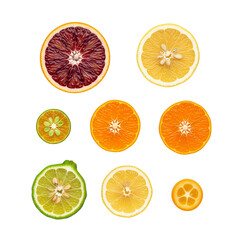 Obraz premium Assortment of freshly sliced citrus fruits on a white background