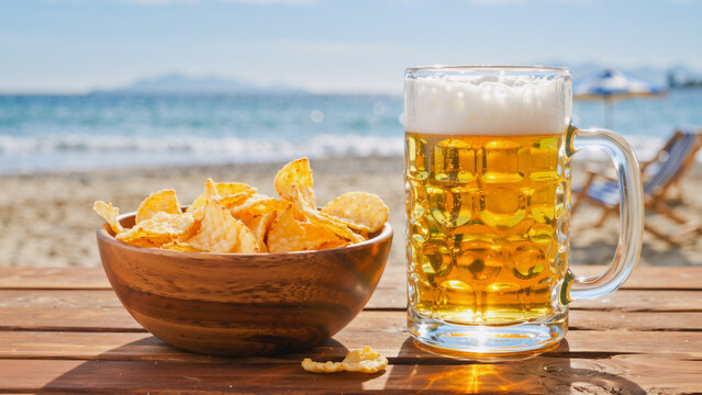 Beachside Refreshment Chips and Beer on the Shore, A relaxed vacation scene featuring a rustic wooden bowl overflowing with golden potato chips alongside a tall, frosty glass of beer.
