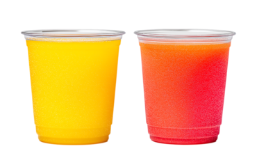 Fresh yellow juice and orange juice in plastic cups isolated on a transparent background