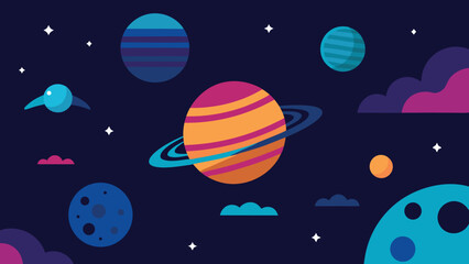 Naklejka premium Colorful Cartoon Planets and Stars in Deep Space Vector Illustration galaxy universe transparency background