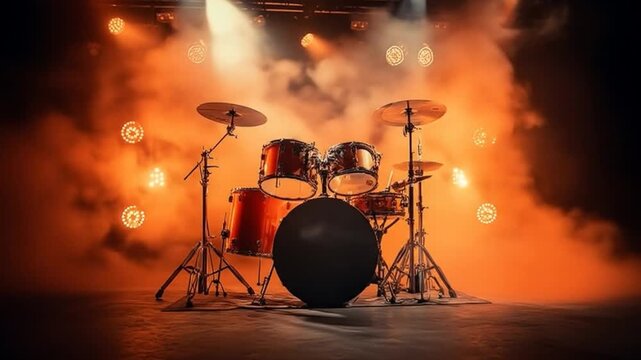 A vibrant stage setup featuring a drum kit illuminated by dramatic lighting and surrounded by a foggy atmosphere, creating an energetic ambiance for a live music performance
