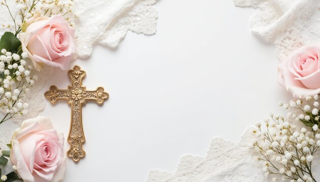 Elegant first communion invitation design features golden cross, pink roses, delicate lace trim. White background offers ample copy space for custom text. Perfect for religious ceremonies, - Powered by Adobe
