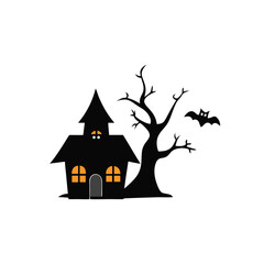Spooky Halloween Scene with Haunted House Bare Tree and Bat Silhouette Against a White Background Illustration
