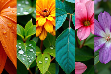 Beautiful vertical collage showcasing diverse natural elements including vibrant orange leaf with water droplets, fresh green foliage, yellow flower and colorful tropical blooms in nature photography
