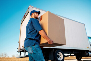 Professional delivery man in blue uniform carrying large cardboard box from white moving truck against clear blue sky, representing reliable shipping and logistics services for customers