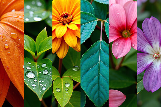 Beautiful vertical collage showcasing diverse natural elements including vibrant orange leaf with water droplets, fresh green foliage, yellow flower and colorful tropical blooms in nature photography
