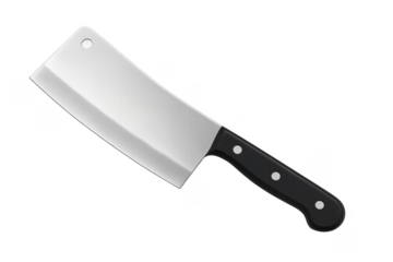 Large sharp meat cleaver knife with black handle on transparent background