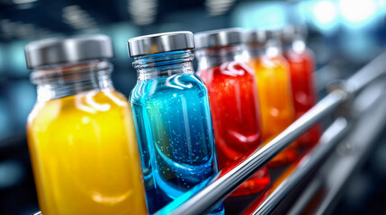 Conveyor line with glass bottles filled with colorful liquids, ready for packaging in a production plant