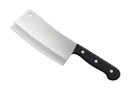 Large sharp meat cleaver knife with black handle on transparent background