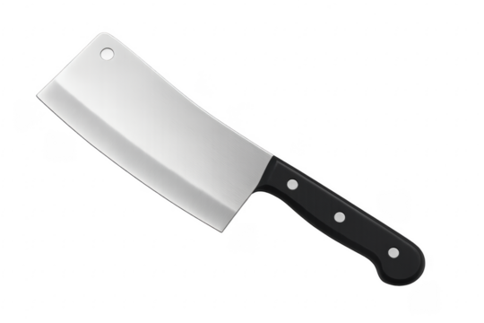 Large sharp meat cleaver knife with black handle on transparent background