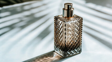 Elegant Amber Perfume Bottle:  Sunlit, Textured Glass, Minimalist Style, Luxury Fragrance Concept.