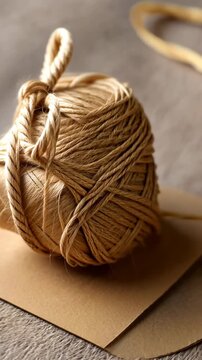 Unraveling jute twine wrapped on a cardboard base on a rustic surface