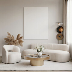 Modern minimalist living room interior: beige sofa, armchair, and gold coffee table with large blank canvas.