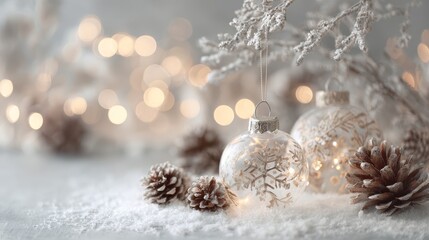 Minimal Winter Holiday Scene with Frosted Pine and Glass Ornaments