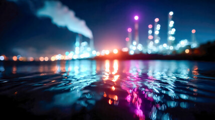 Obraz premium A glowing refinery flame releases vibrant nebula-like smoke into the night sky above a city of blurred colorful lights