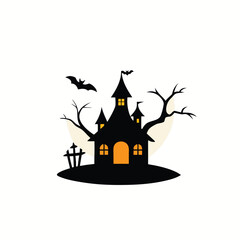 Spooky Halloween Haunted House Silhouette with Bat and Moon Illustration on a White Background for Festive Designs