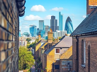 London cityscape view from a narrow street, showing modern skyscrapers and traditional brick houses.
